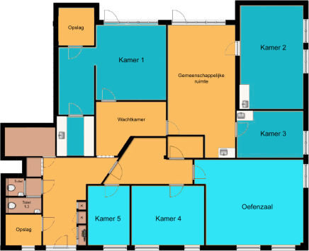 Floor plan of Connected Haarlem showing the five rooms and the studio
